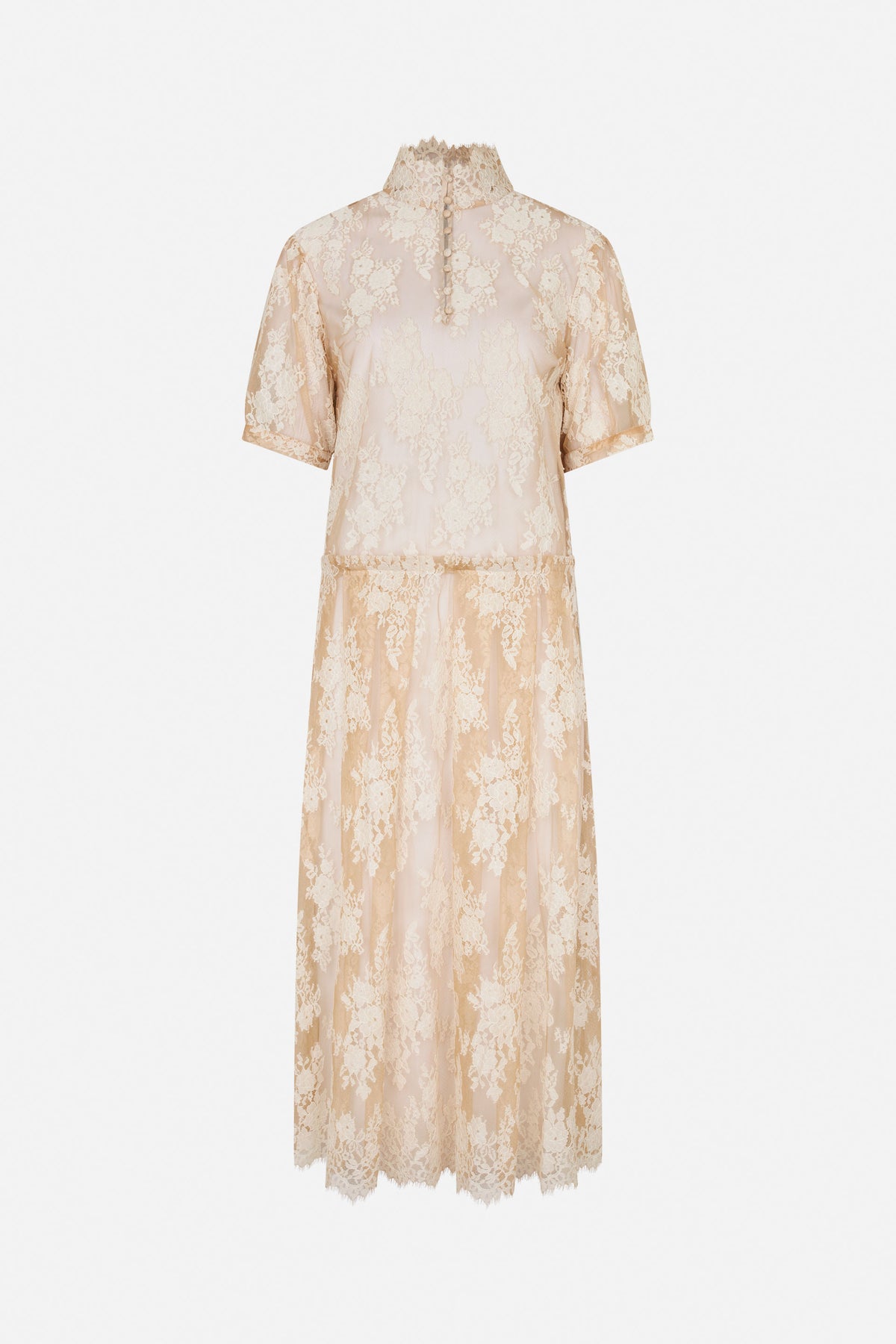 Front view of a long blush-beige floral lace dress with a high buttoned collar, short sleeves and tiered skirt.