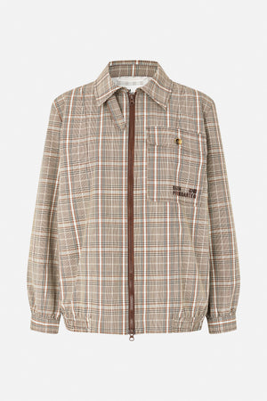 Front view of a cream and brown plaid jacket with a pointed collar, front zip, buttoned chest pocket and elasticated hem.