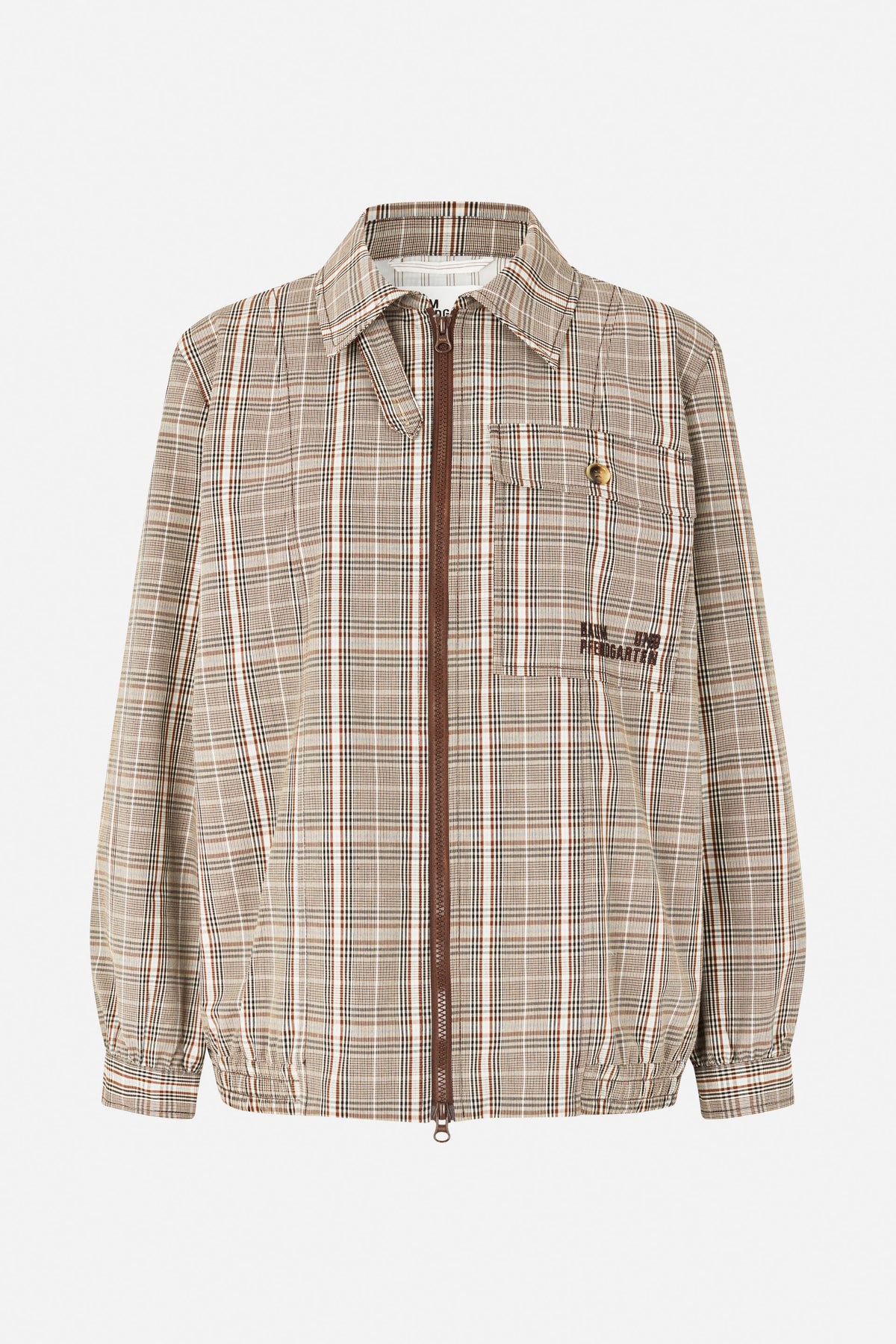 Front view of a cream and brown plaid jacket with a pointed collar, front zip, buttoned chest pocket and elasticated hem.