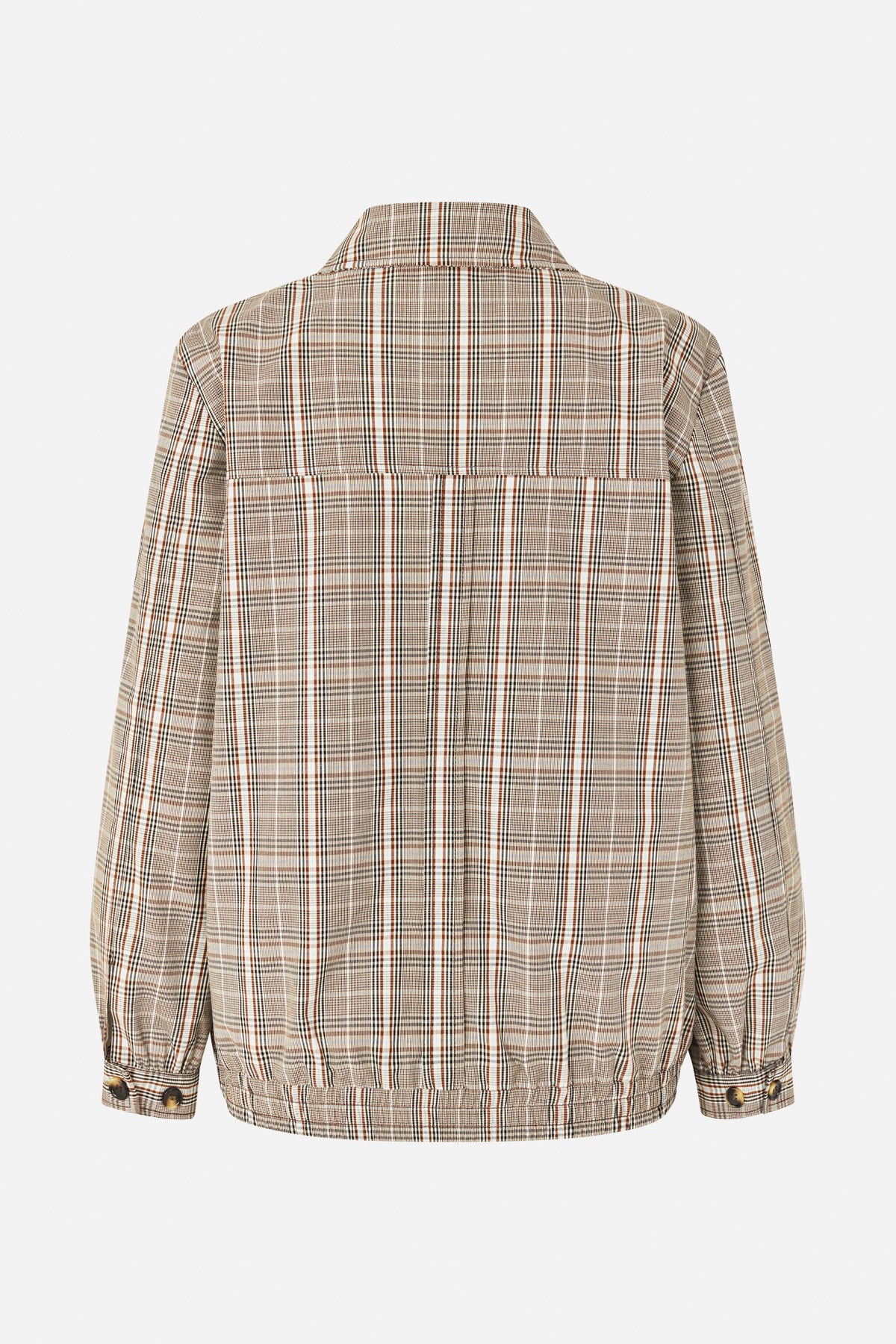 Back view of a beige plaid jacket with a pointed collar, back yoke seam, buttoned cuffs and gathered hem.
