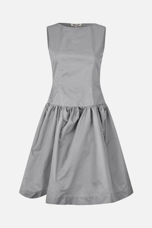 Front view of a light gray sleeveless dress with a fitted bodice and gathered, full skirt.
