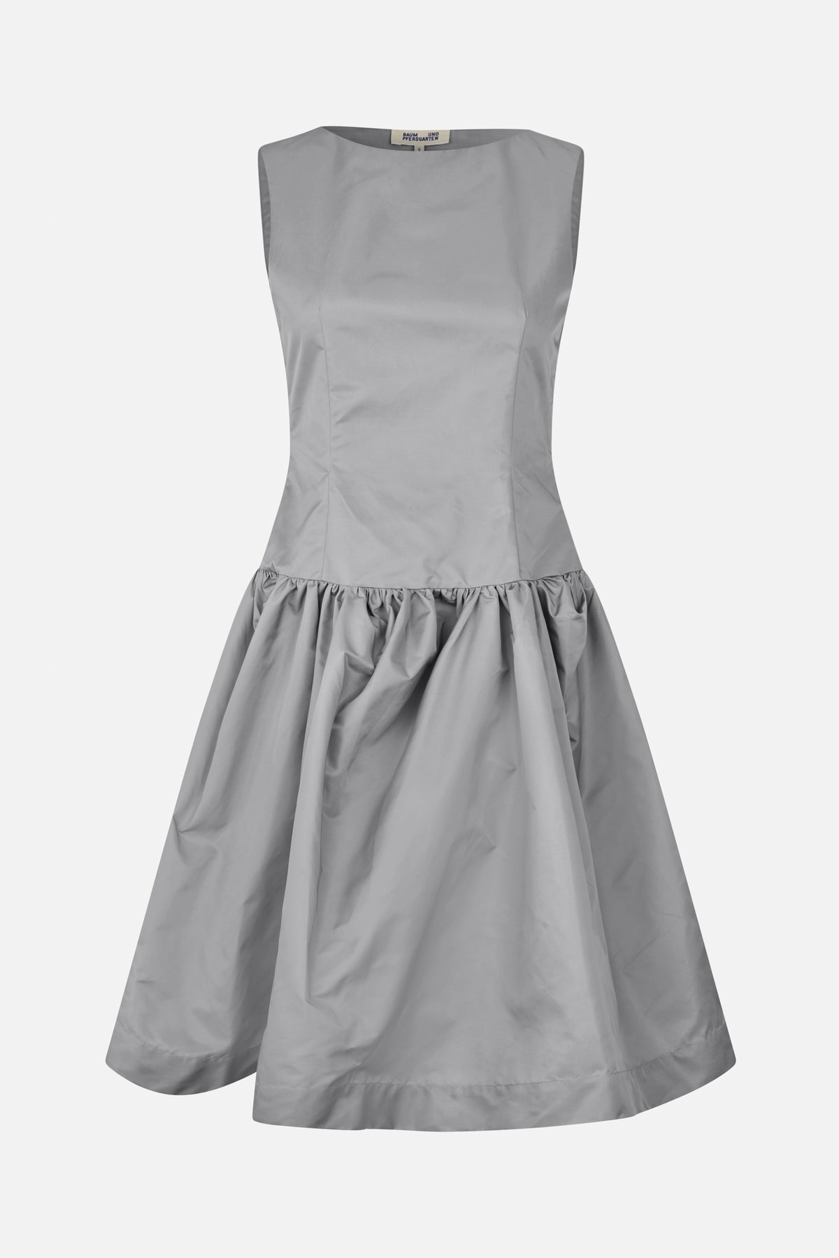 Front view of a light gray sleeveless dress with a fitted bodice and gathered, full skirt.