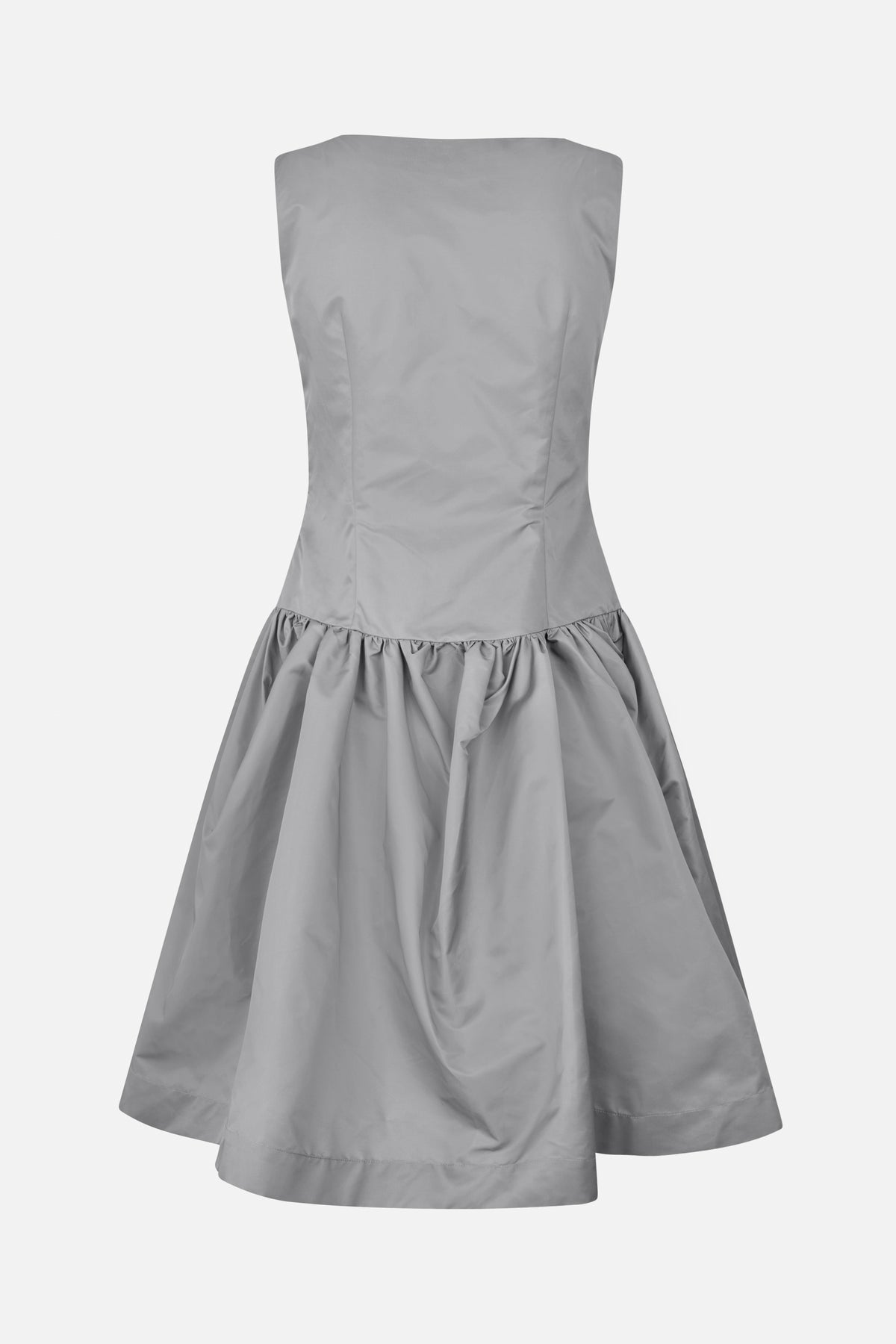 Front view of a gray strapless dress with a fitted seamed bodice and a gathered, full skirt.