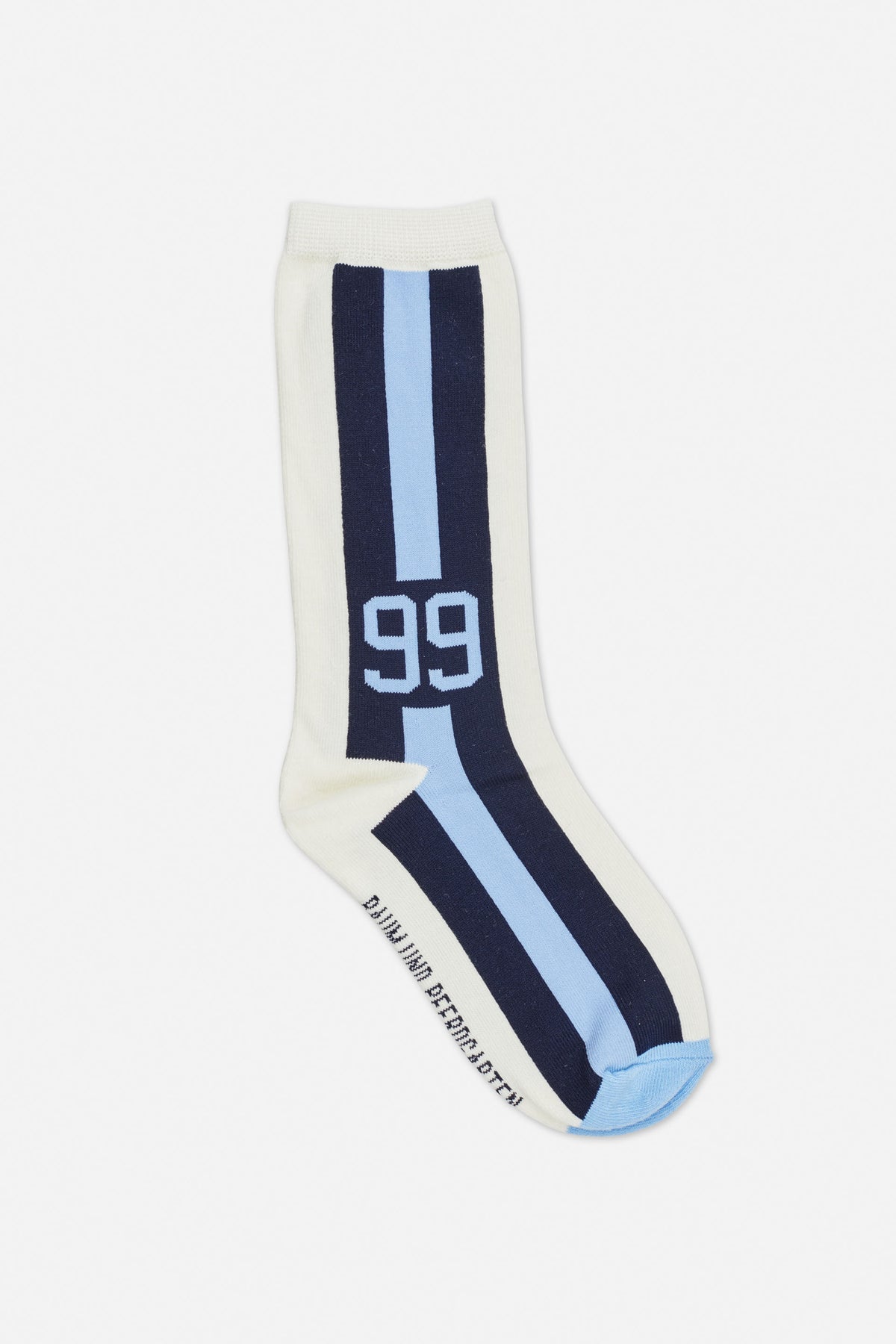 Cream crew socks with navy and light blue vertical stripes and a light blue “99” graphic, shown at an angle.