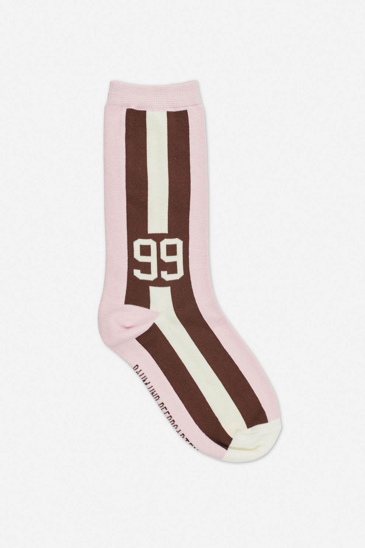 Pink crew sock with brown and cream stripes and a large cream “99” graphic, shown at an angle.