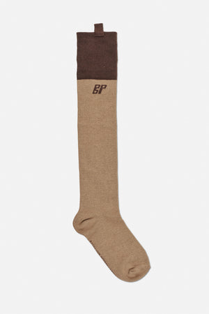 Long tan sock with a dark brown cuff and matching BP monogram near the top.
