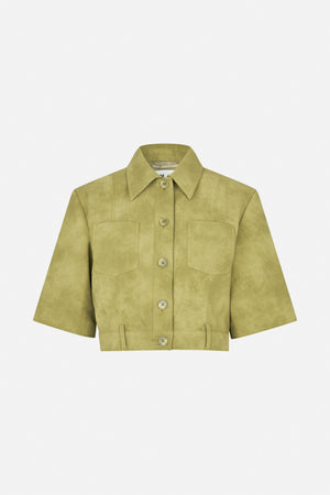 Front view of a cropped olive-green jacket with short sleeves, pointed collar, button fastening, chest pockets and visible topstitching.