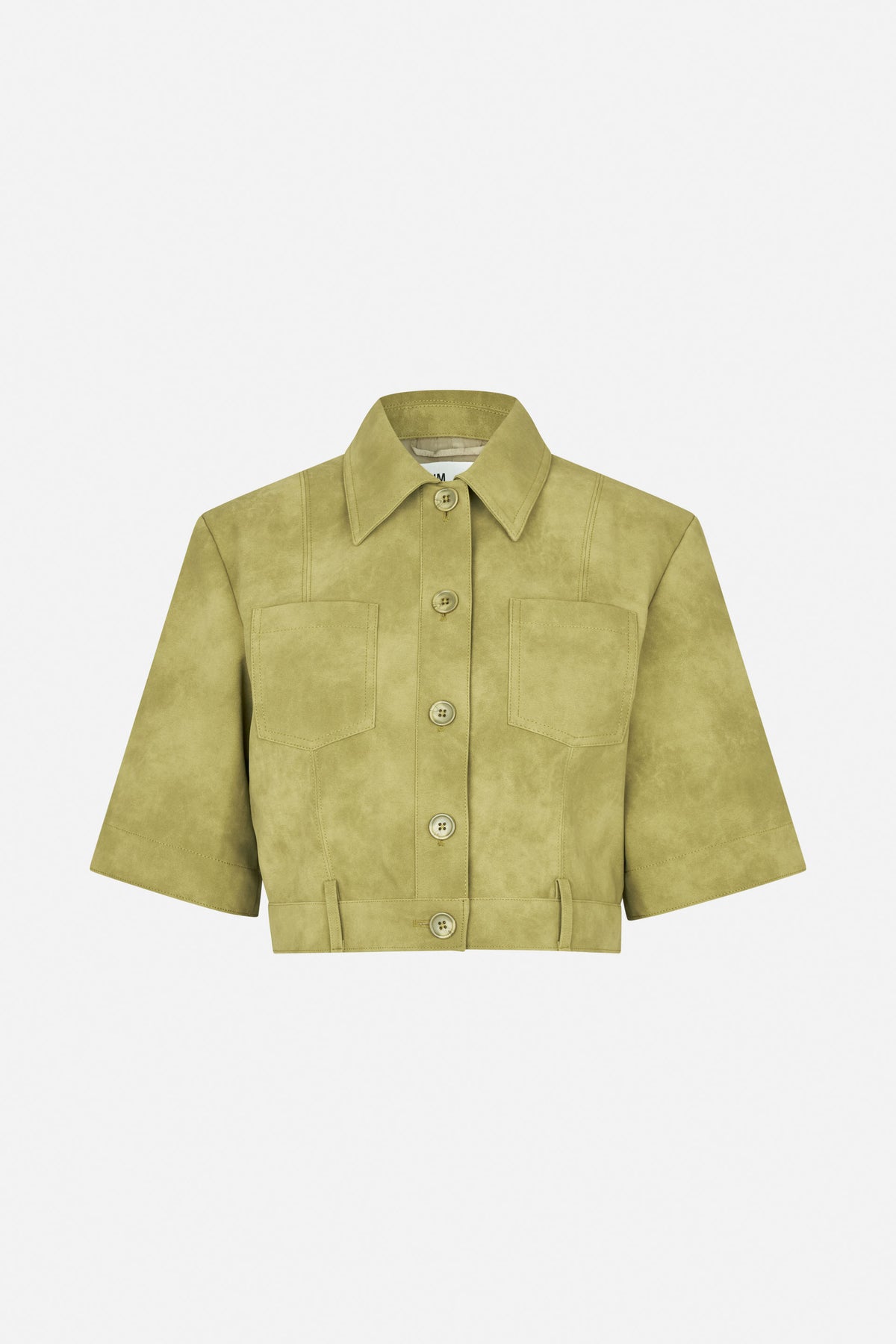 Front view of a cropped olive-green jacket with short sleeves, pointed collar, button fastening, chest pockets and visible topstitching.