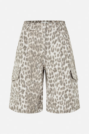 Front view of knee-length cargo shorts in a grey and beige abstract animal print, with a button waist and side flap pockets.