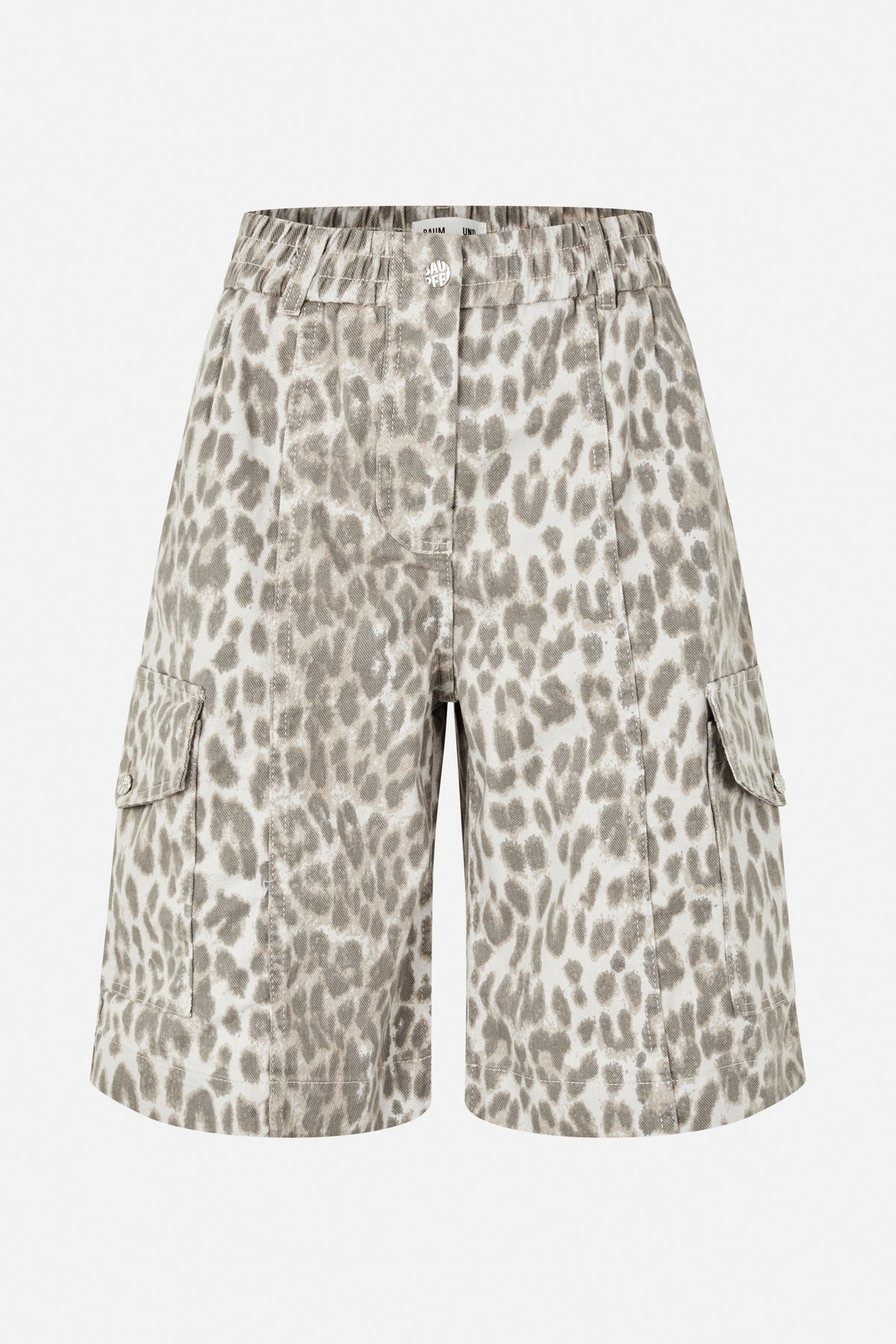 Front view of knee-length cargo shorts in a grey and beige abstract animal print, with a button waist and side flap pockets.