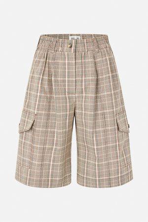 Front view of beige plaid shorts with a buttoned waistband, pleats and large side cargo pockets.