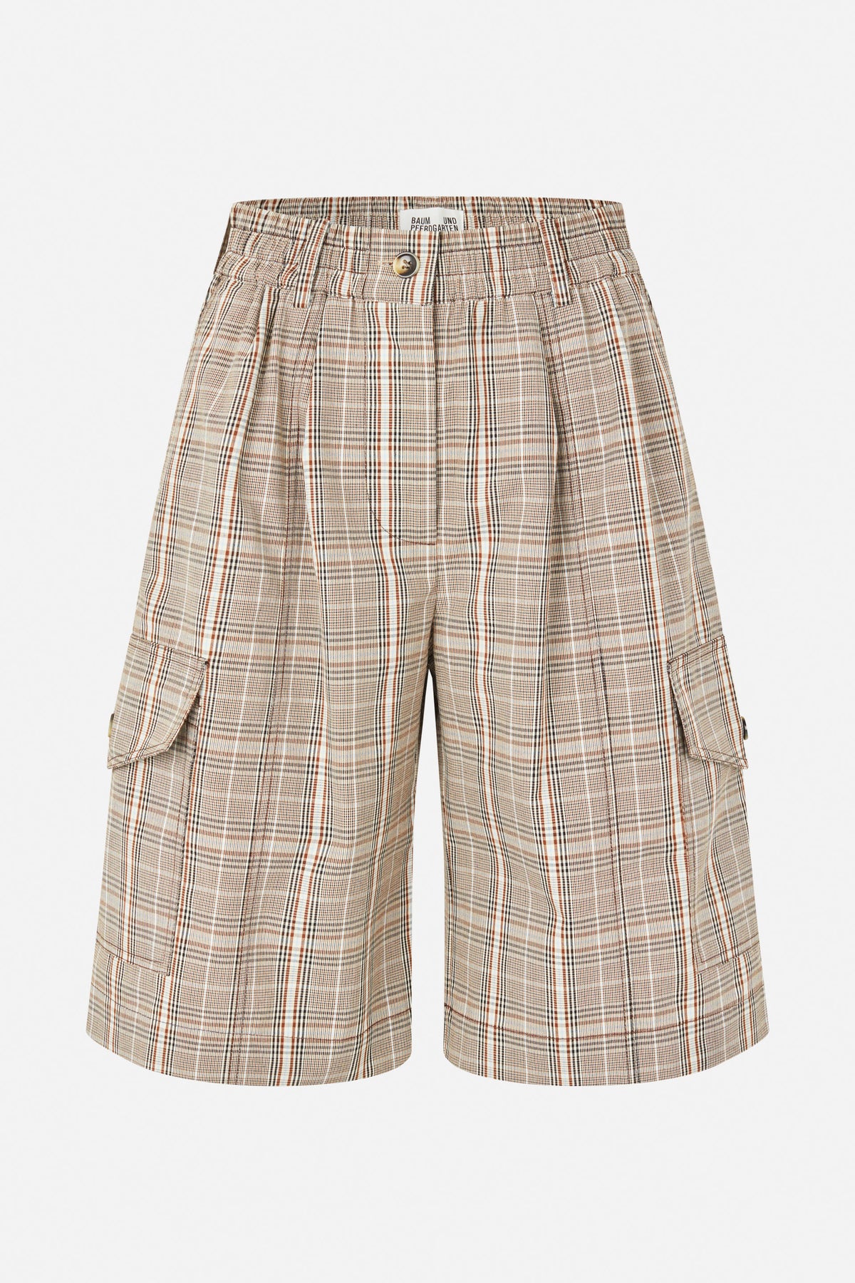 Front view of beige plaid shorts with a buttoned waistband, pleats and large side cargo pockets.