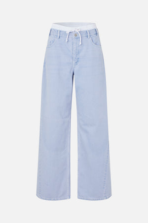 Front view of light blue denim jeans with wide, straight legs, a drawstring waist, belt loops and front pockets