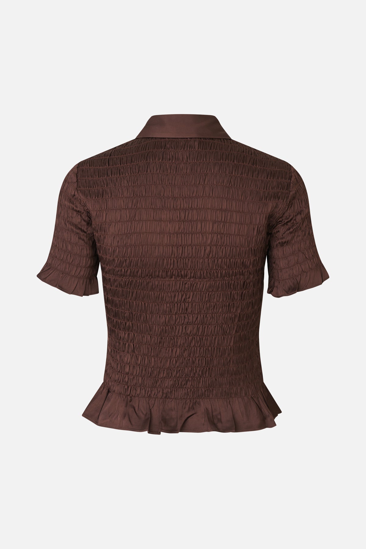 Back view of a dark brown blouse with horizontal smocking, short flared sleeves and a ruffled peplum hem.