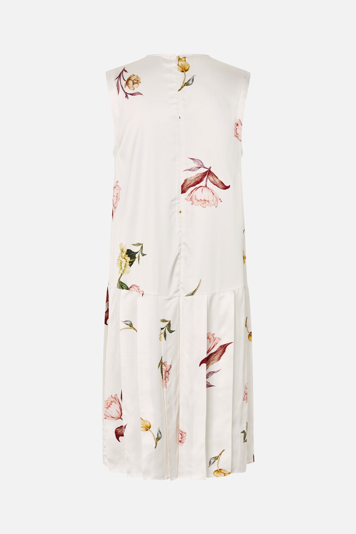 Back view of an ivory sleeveless dress with scattered multicolour floral prints and a gathered lower skirt tier.