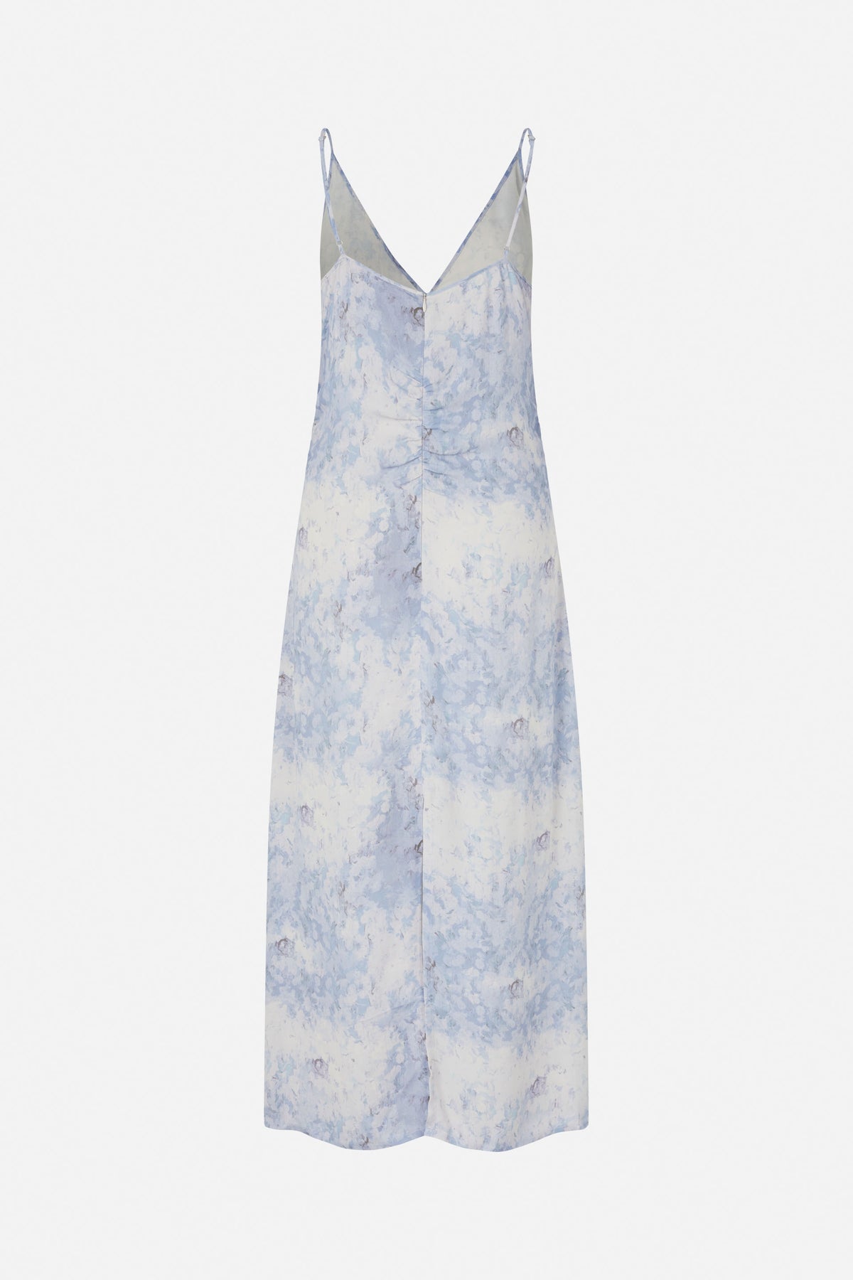 Pale blue and white abstract floral maxi slip dress with thin adjustable straps, a deep V neckline and front button placket.