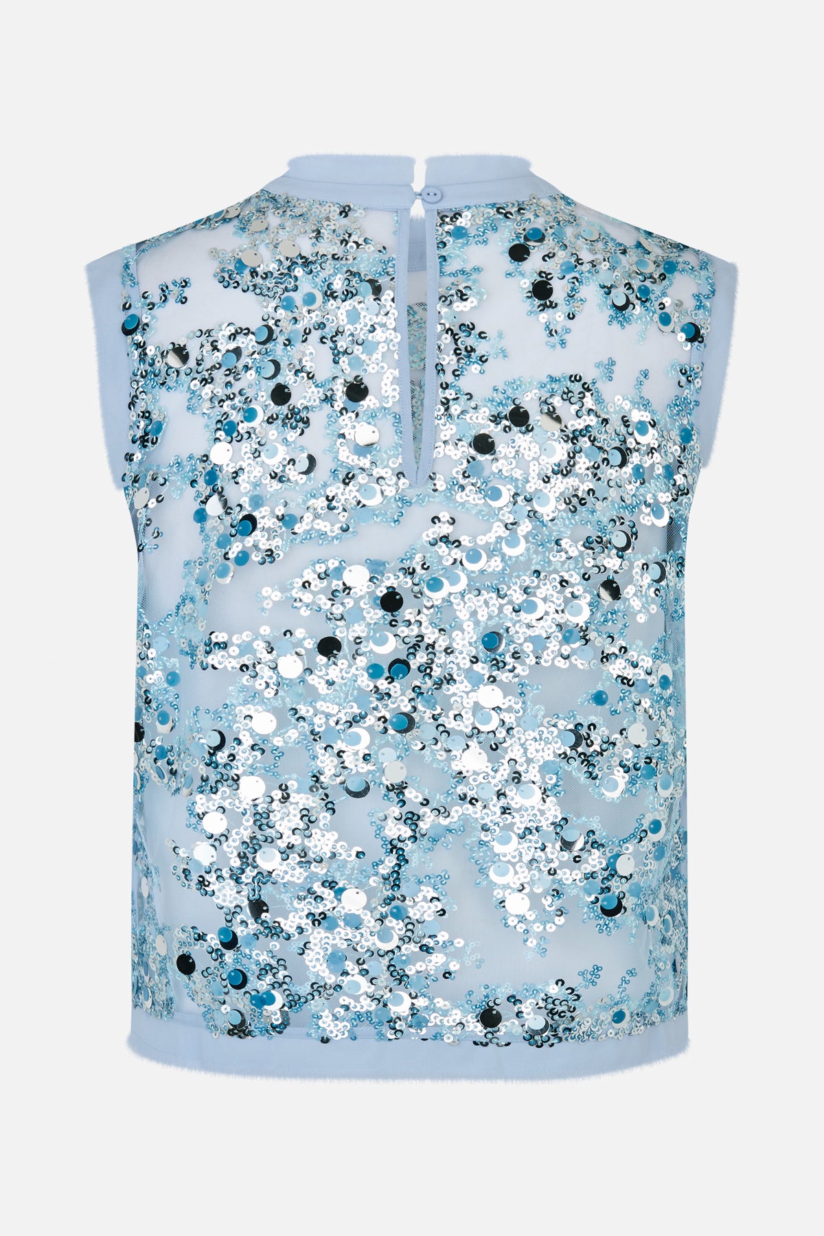 Back view of a pale blue sleeveless top with a collar and dense white, turquoise and black sequin embellishment