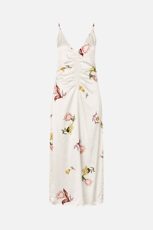 Ivory floral print slip dress with spaghetti straps, a deep V-neck and gathered ruching down the front.