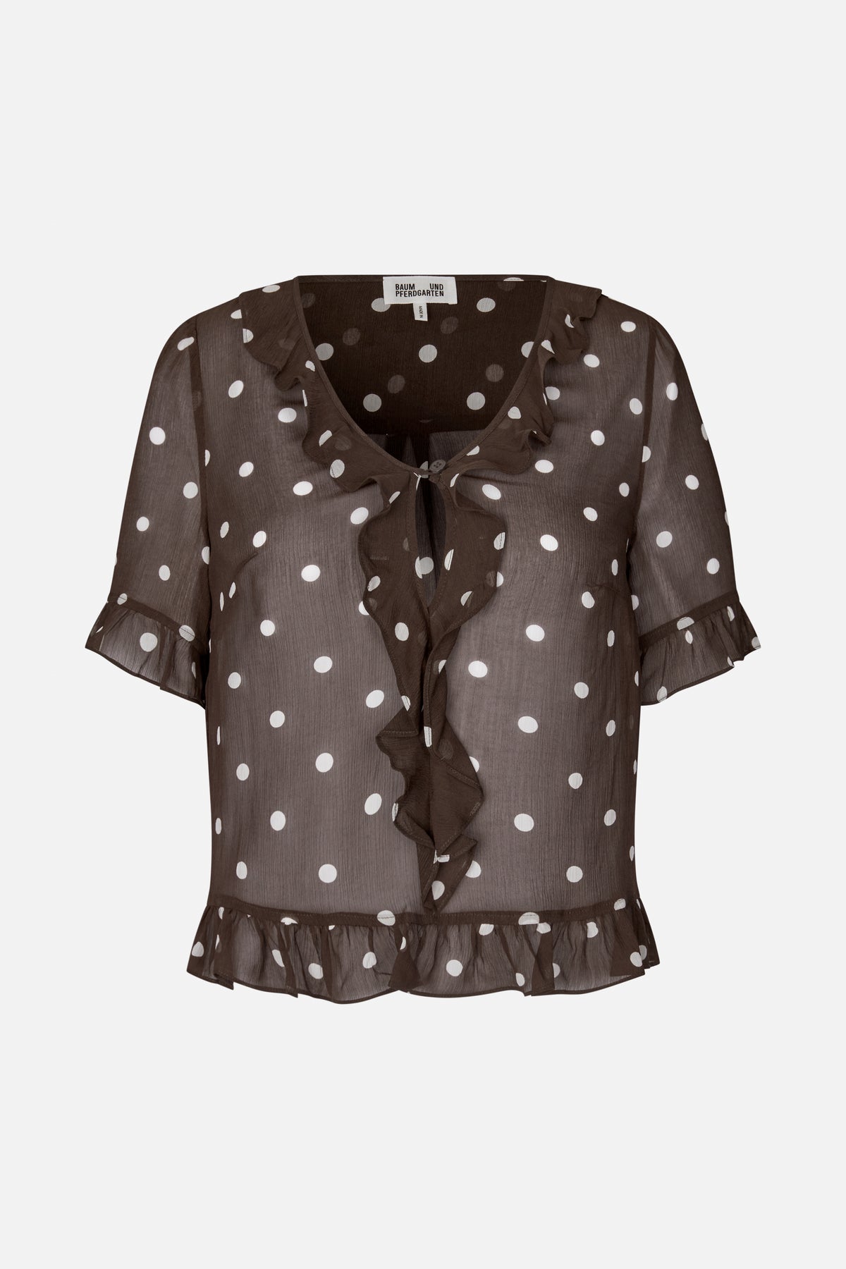 Front view of a sheer brown blouse with white polka dots, a ruffled neckline and front, and flounced short sleeves and hem.