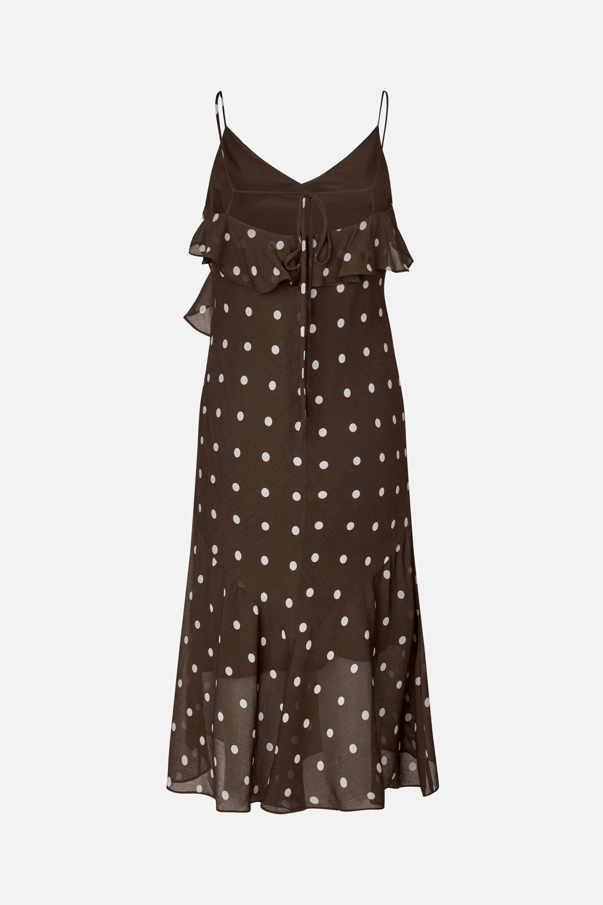 Brown spaghetti-strap dress with white polka dots, a V-neck, front tie and layered ruffle bodice, shown from the front.