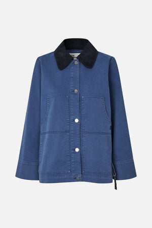 Front view of a blue jacket with a black ribbed collar, button fastening and two large patch pockets.