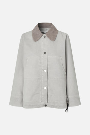 Front view of a light grey jacket with a taupe corduroy collar, snap buttons, two patch pockets and an adjustable side drawcord.