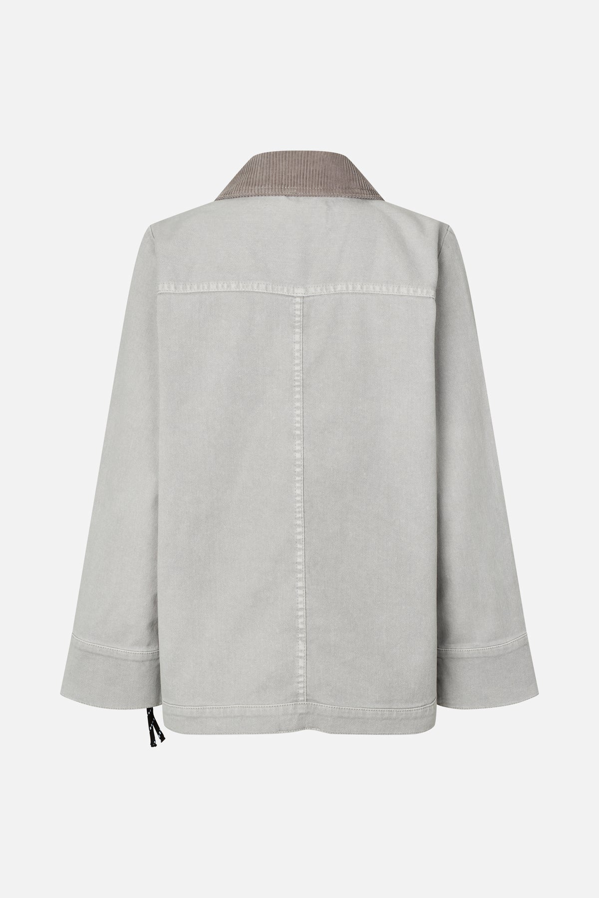 Back view of a light grey jacket with a contrasting taupe corduroy collar, wide sleeves and a centre-back seam