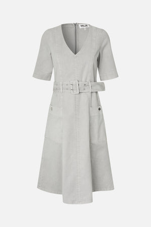 Front view of a light grey A-line dress with a V-neck, elbow-length sleeves, a wide buckle belt and patch pockets.