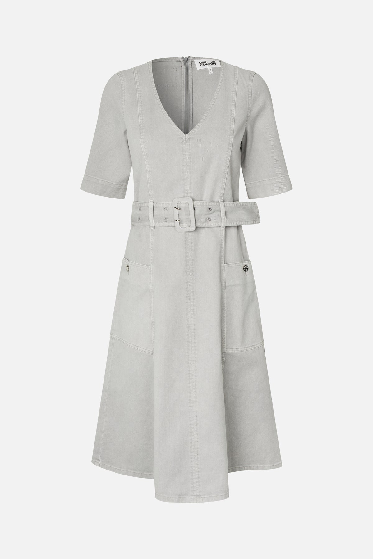 Front view of a light grey A-line dress with a V-neck, elbow-length sleeves, a wide buckle belt and patch pockets.