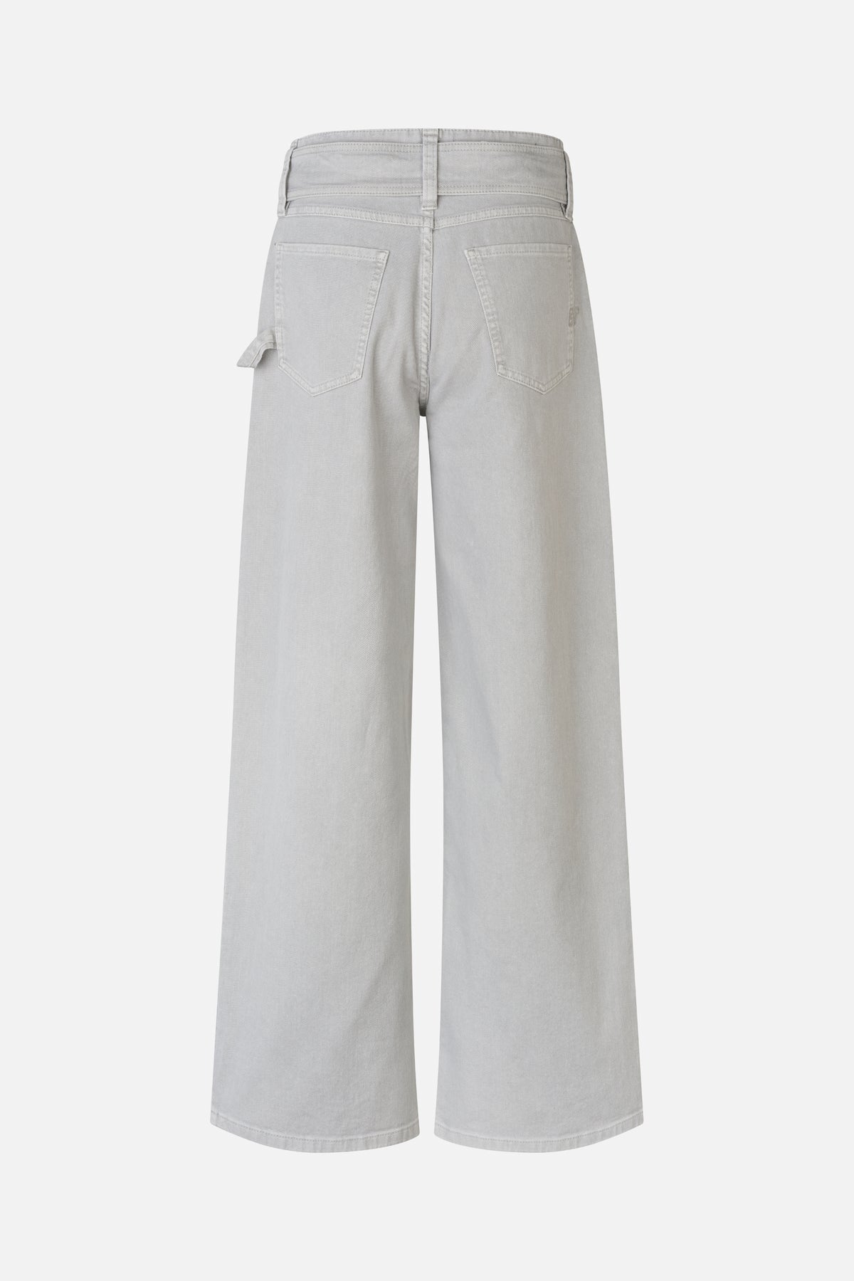 Back view of pale grey wide-leg jeans with belt loops, two patch pockets and a small side tab.
