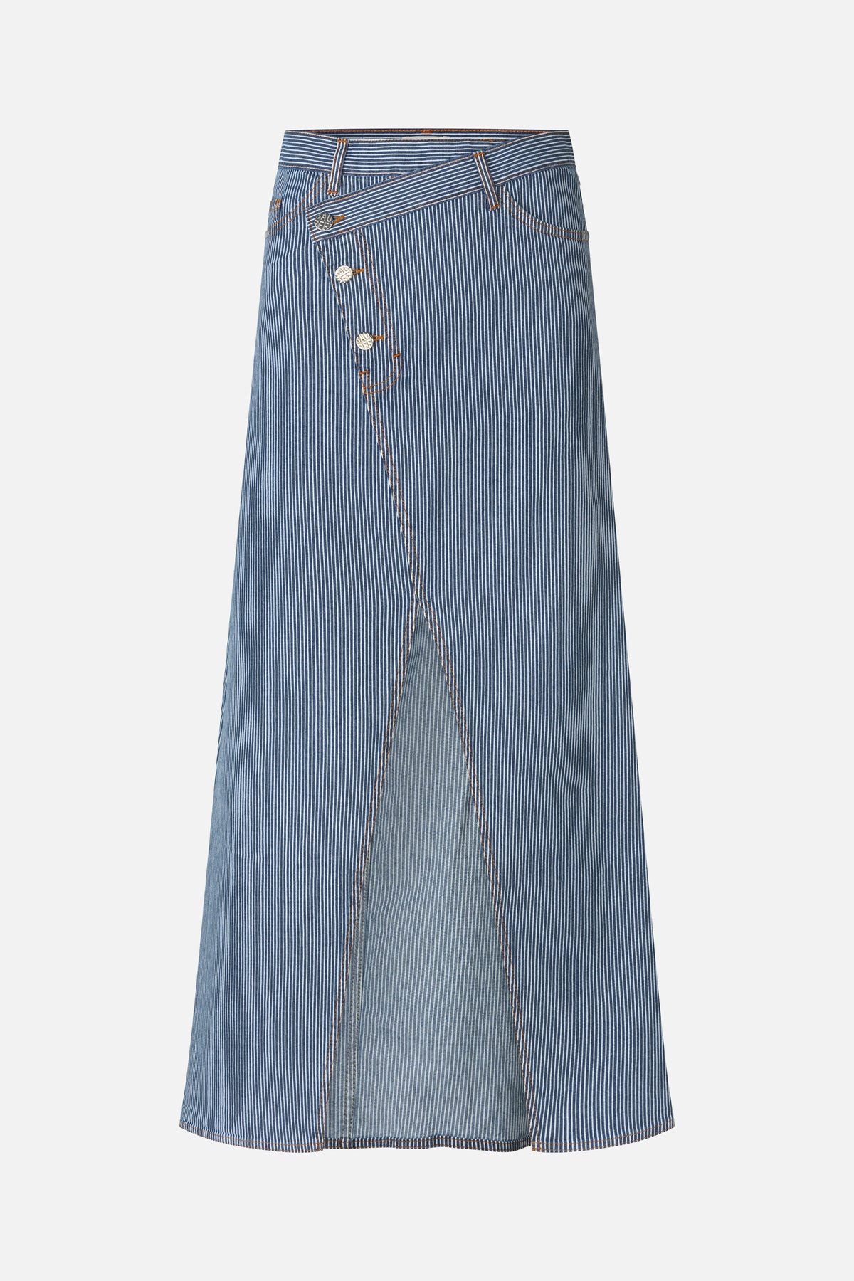 Front view of a blue-and-white pinstriped A-line skirt with an asymmetric wrap front, button closure and contrast stitching.