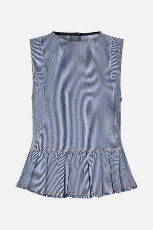 Back view of a sleeveless navy-and-white pinstriped top with a round neckline, button closure, fitted bodice and gathered peplum hem.