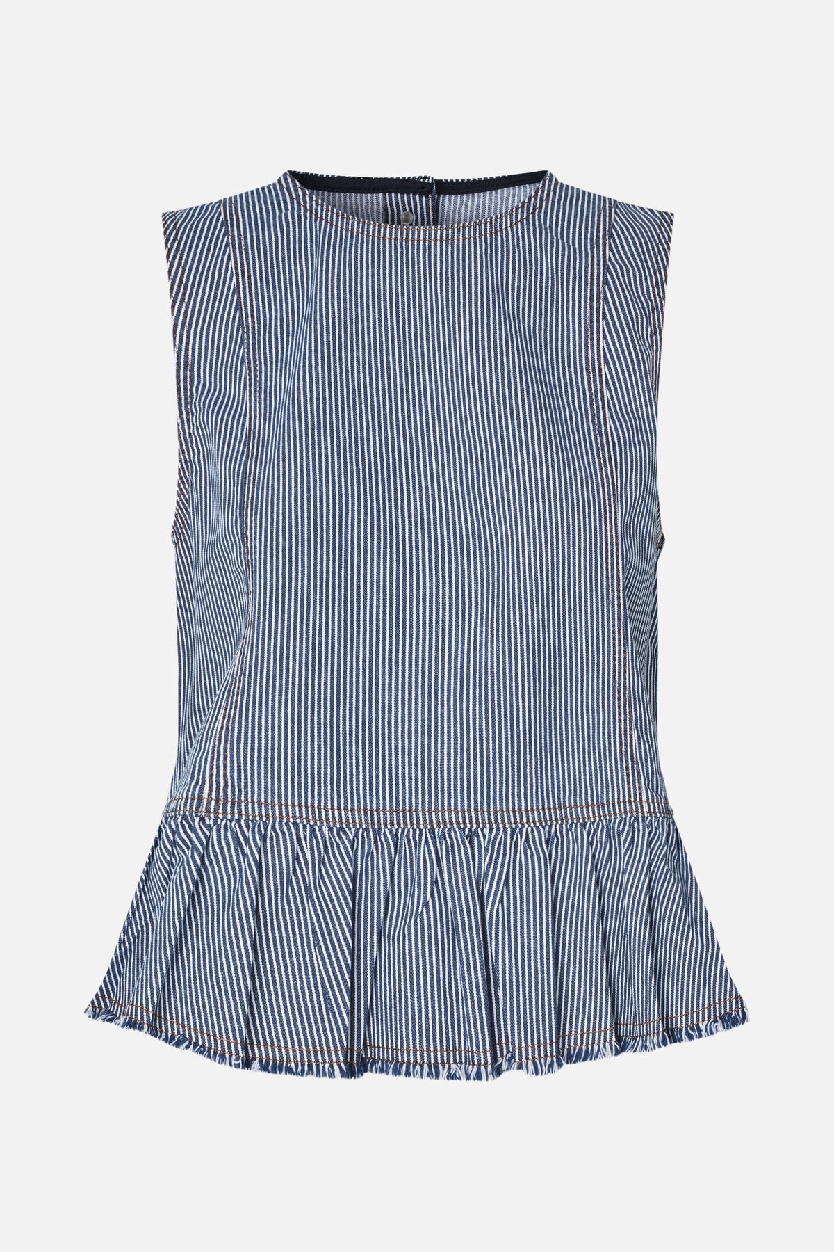 Back view of a sleeveless navy-and-white pinstriped top with a round neckline, button closure, fitted bodice and gathered peplum hem.