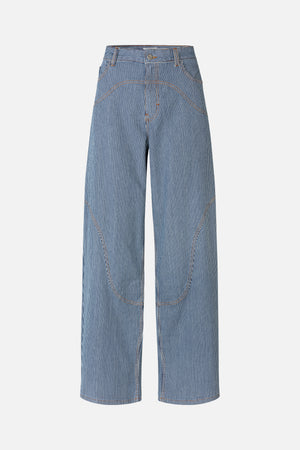 Front view of blue and white pinstriped wide-leg trousers with curved panel seams and contrasting orange stitching.