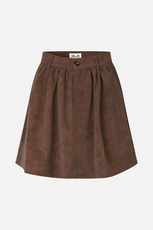 Front view of a brown A-line skirt with a wide buttoned waistband, belt loops, gathered pleats and a softly mottled surface