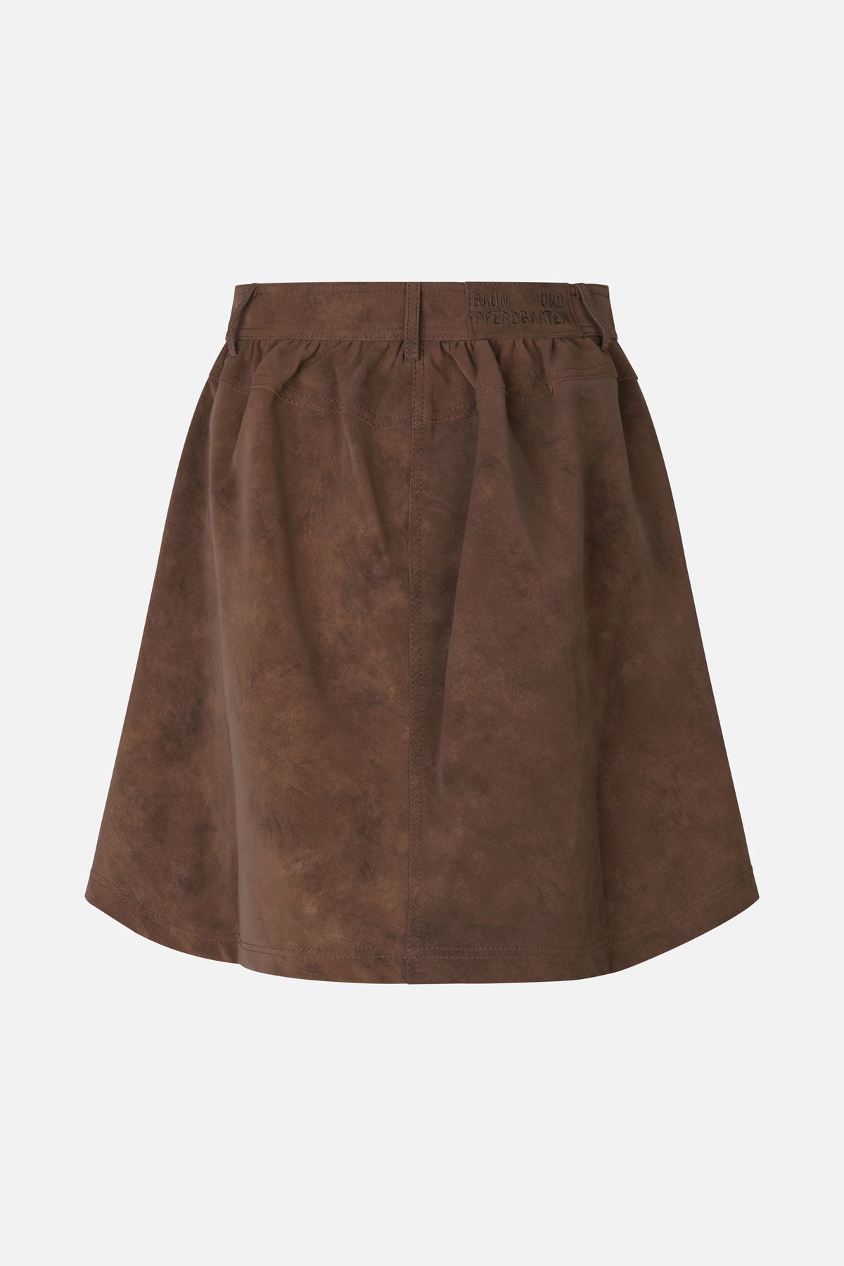 Front view of a brown suede-look A-line skirt with a gathered waistband, belt loops and vertical seam detailing.