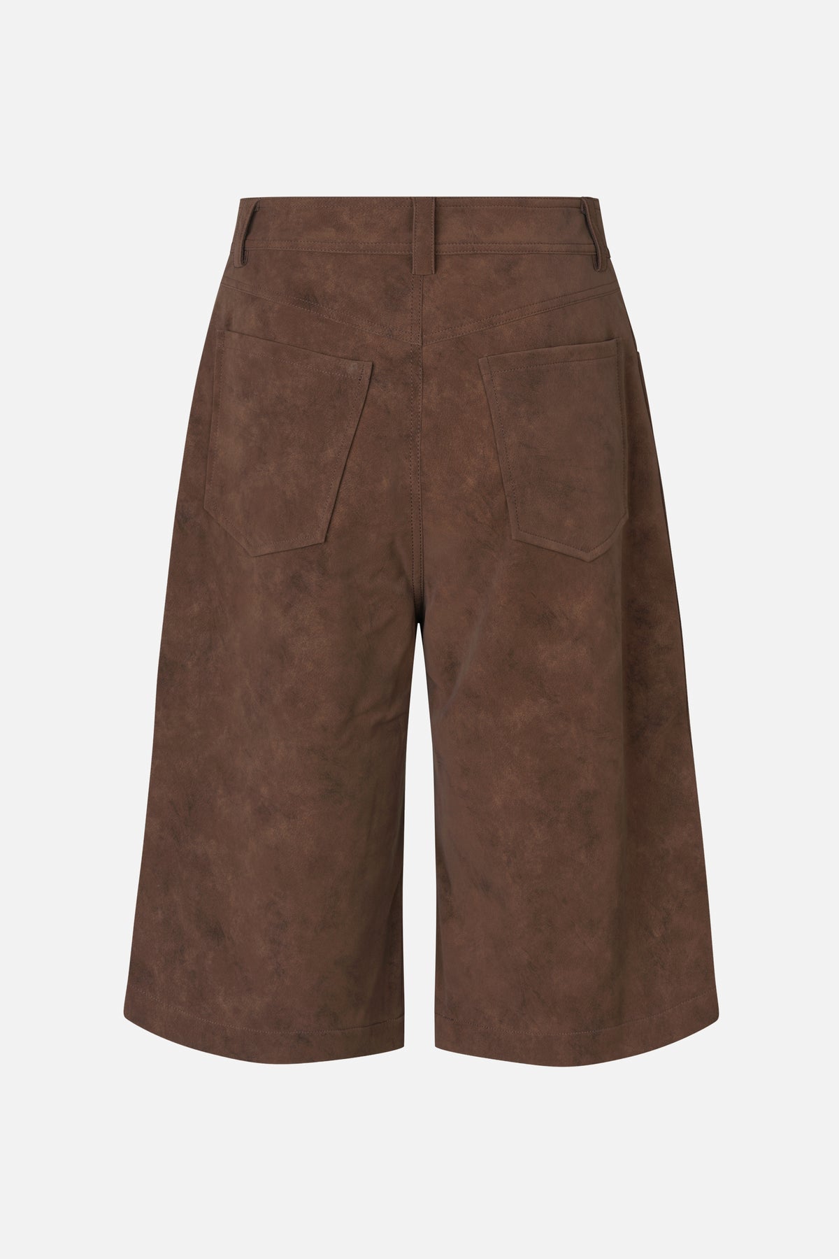 Back view of wide-leg brown trousers with a mottled surface, belt loops and large patch pockets.