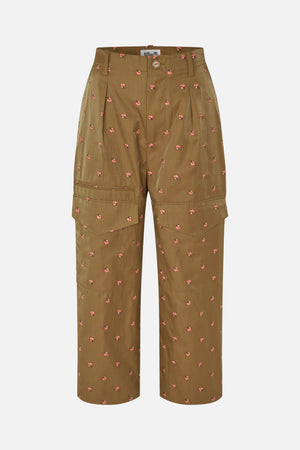 Front view of olive-brown straight-leg trousers with a small pink floral print, button fastening, belt loops and large thigh cargo pockets.