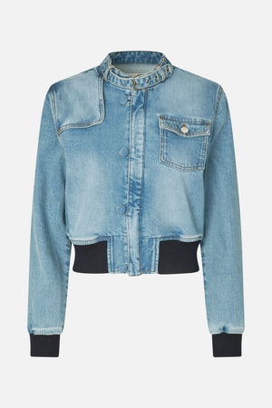 Front view of a light-wash denim jacket with a buckle collar, chest pocket, asymmetrical flap detail and black ribbed cuffs and hem.