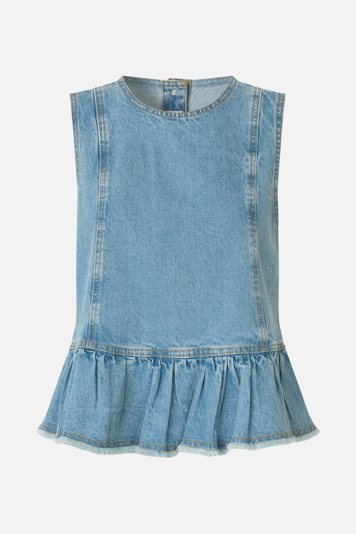 Detail of a light-wash denim sleeveless dress with a rounded neckline, contrast stitching and gathered ruffle hem.