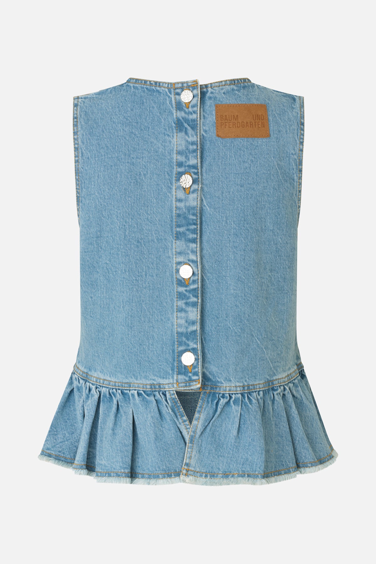 Front view of a sleeveless light-wash denim top with a button-front bodice and gathered, flared hem.