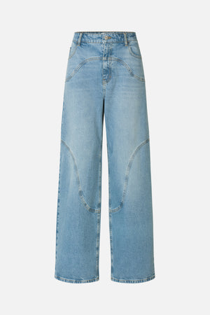 Front view of light-wash blue wide-leg jeans with curved contrast-stitched panels and a button waistband.