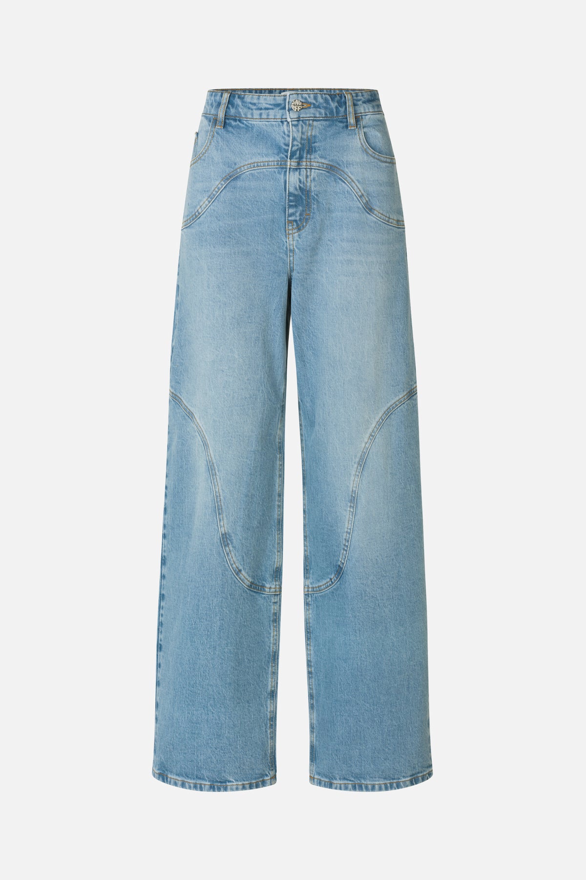 Front view of light-wash blue wide-leg jeans with curved contrast-stitched panels and a button waistband.