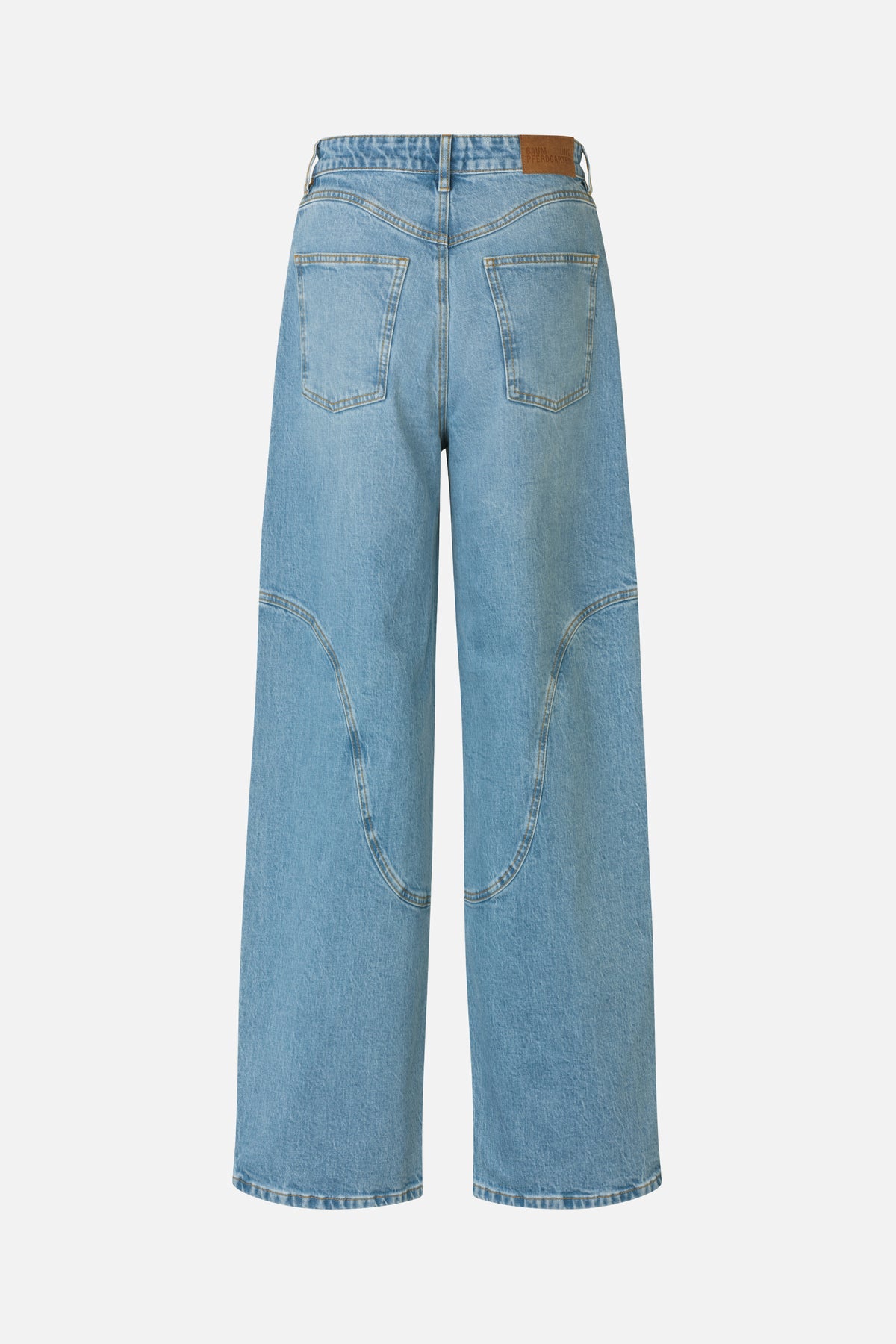 Back view of light blue wide-leg jeans with two patch pockets, curved panel seams and a brown waistband label.