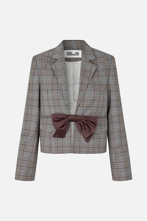 Front view of a cropped grey plaid blazer with brown and pale blue checks, notched lapels and a large burgundy bow at the waist.