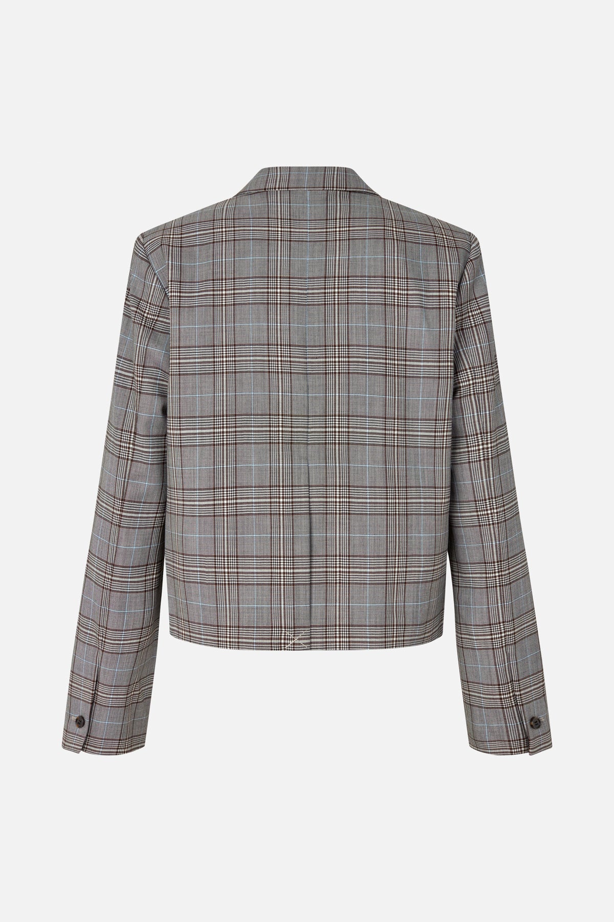 Back view of a grey-brown plaid blazer with pale blue windowpane lines and long sleeves
