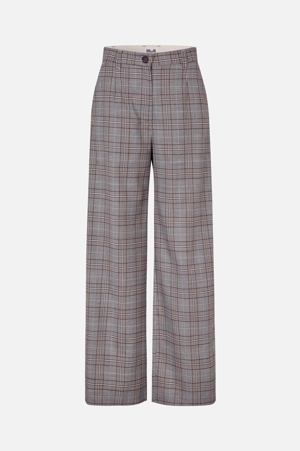 Vooraanzicht van een getailleerde broek met wijde pijpen, uitgevoerd in een grijsbruine ruit, met knoopsluiting in de taille en voorplooien.