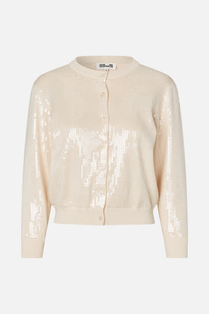 Cardigan crème boutonné devant, à encolure ronde et manches longues, orné de sequins blancs disposés en motifs verticaux abstraits