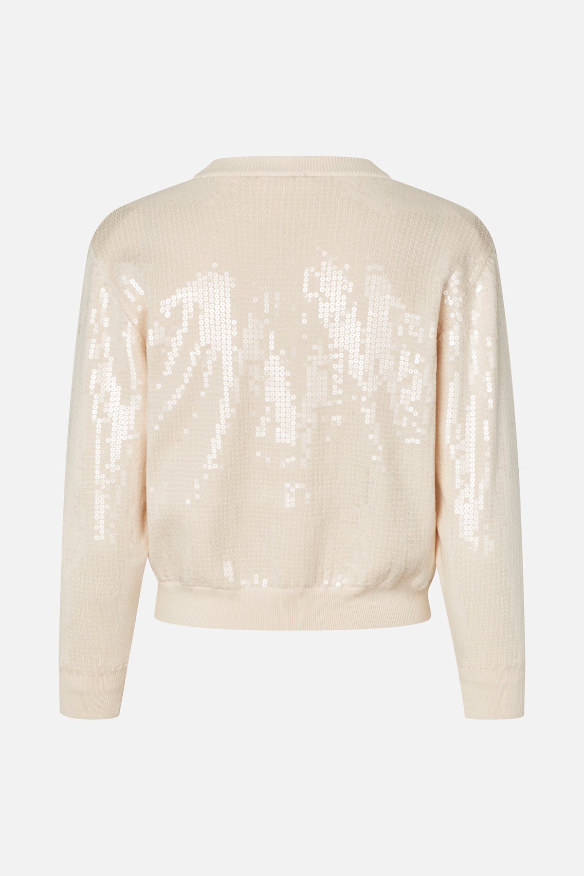Rückansicht eines cremefarbenen Strickpullovers mit langen Ärmeln, Rippenkragen und -bündchen sowie einem abstrakten Muster aus weißen Pailletten.