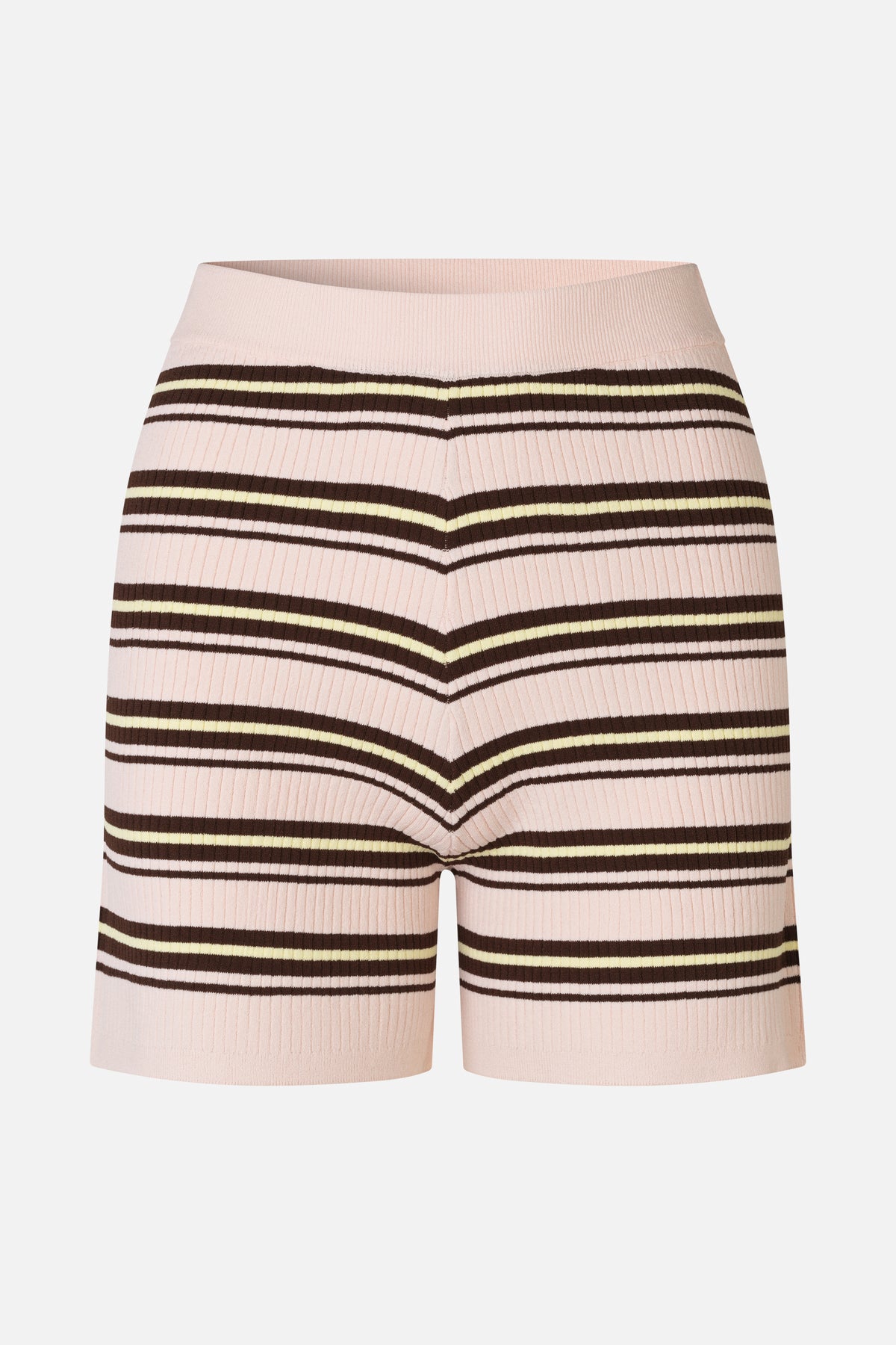 Front view of pale pink ribbed knit shorts with an elastic waistband and horizontal dark brown and pale yellow stripes.